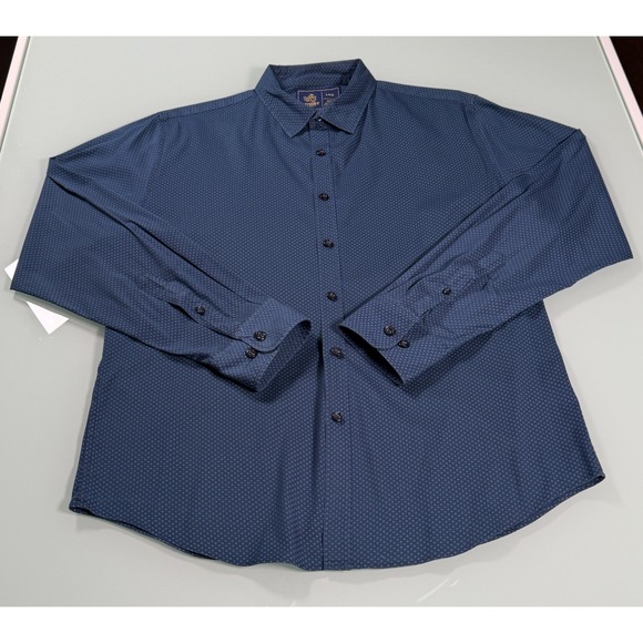 Rugby University Shirt Mens L Blue Stretch Geo Metric Pattern Button Up Casual - Picture 1 of 10